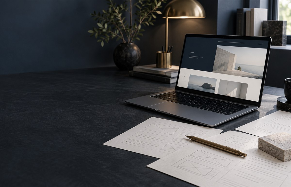 홈페이지 화면과 설계도가 놓인 작업 공간